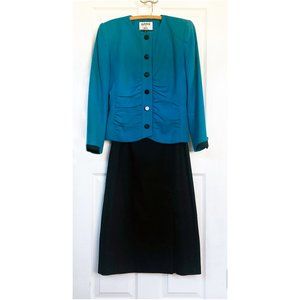 “Kasper for A.S. L.” Size 8 turquoise & black 100% wool skirt suit